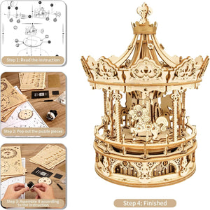 Robotime Rokr 3D Wooden Puzzles Construction Model Kit DIY Music Box Building Kits Rotating - Romantic Carousel - ShopBox 