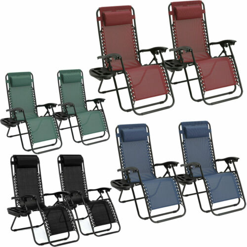 2X CHAIRS SUNLOUNGER OUTDOOR GARDEN FOLDING RECLINING W/HOLDER - ShopBox 