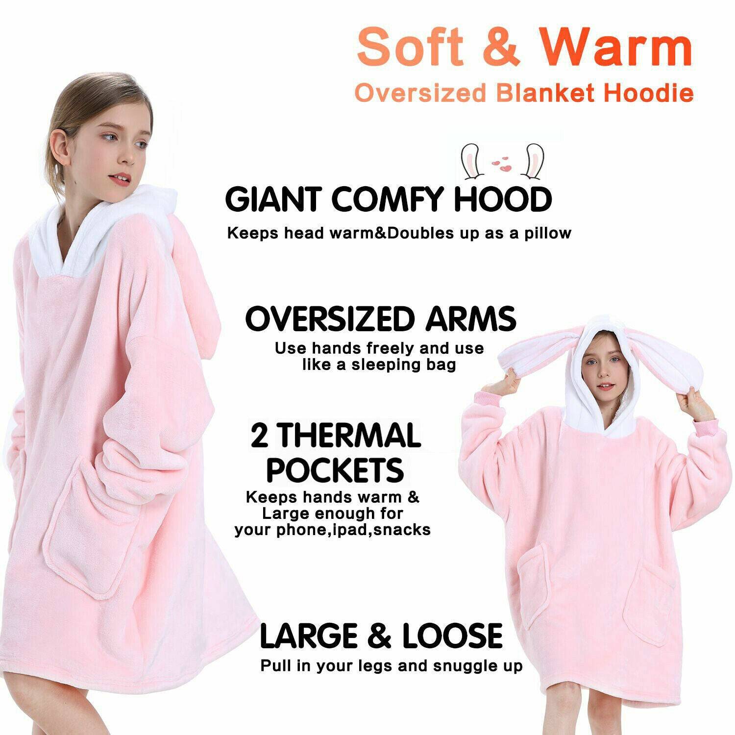 Oversized Hoodie Blanket Super Soft Fleece Dressing Gown Warm Robe Kids Gamers