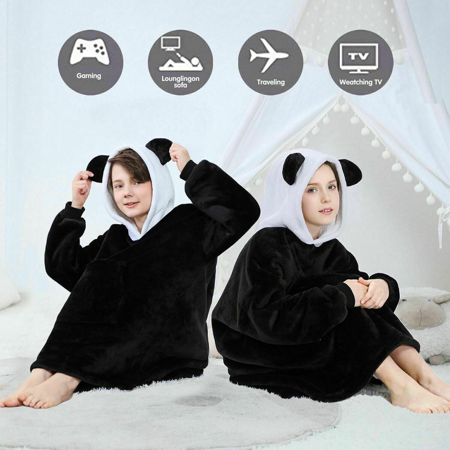 Oversized Hoodie Blanket Super Soft Fleece Dressing Gown Warm Robe Kids Gamers - ShopBox 