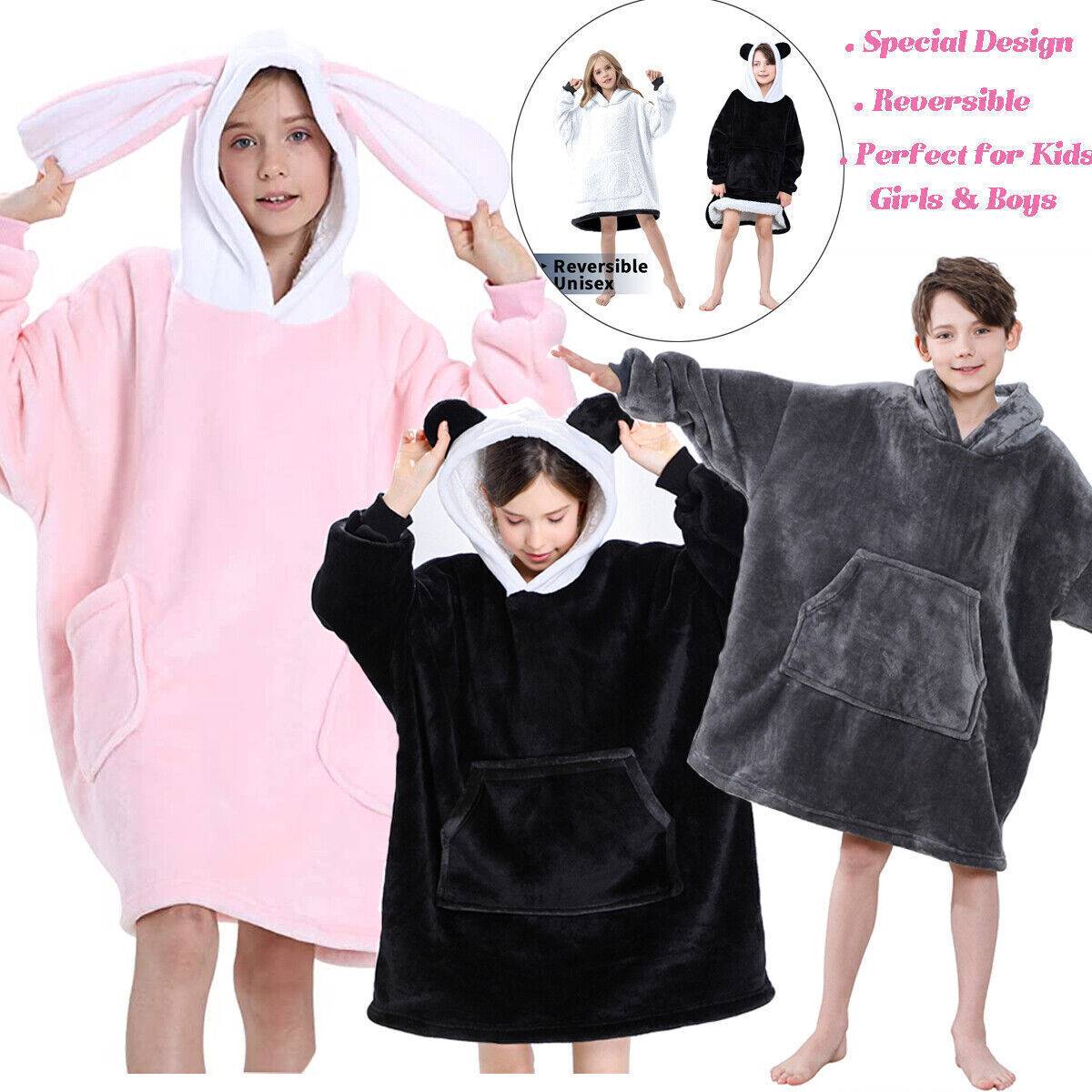 Oversized Hoodie Blanket Super Soft Fleece Dressing Gown Warm Robe Kids Gamers