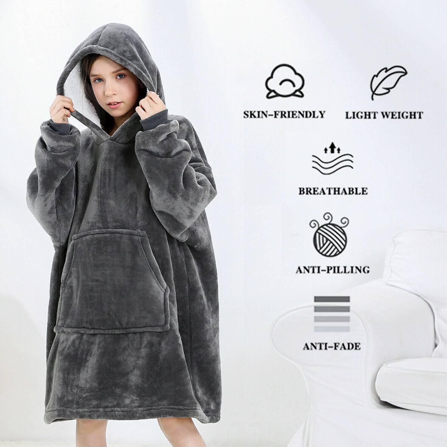 Oversized Hoodie Blanket Super Soft Fleece Dressing Gown Warm Robe Kids Gamers