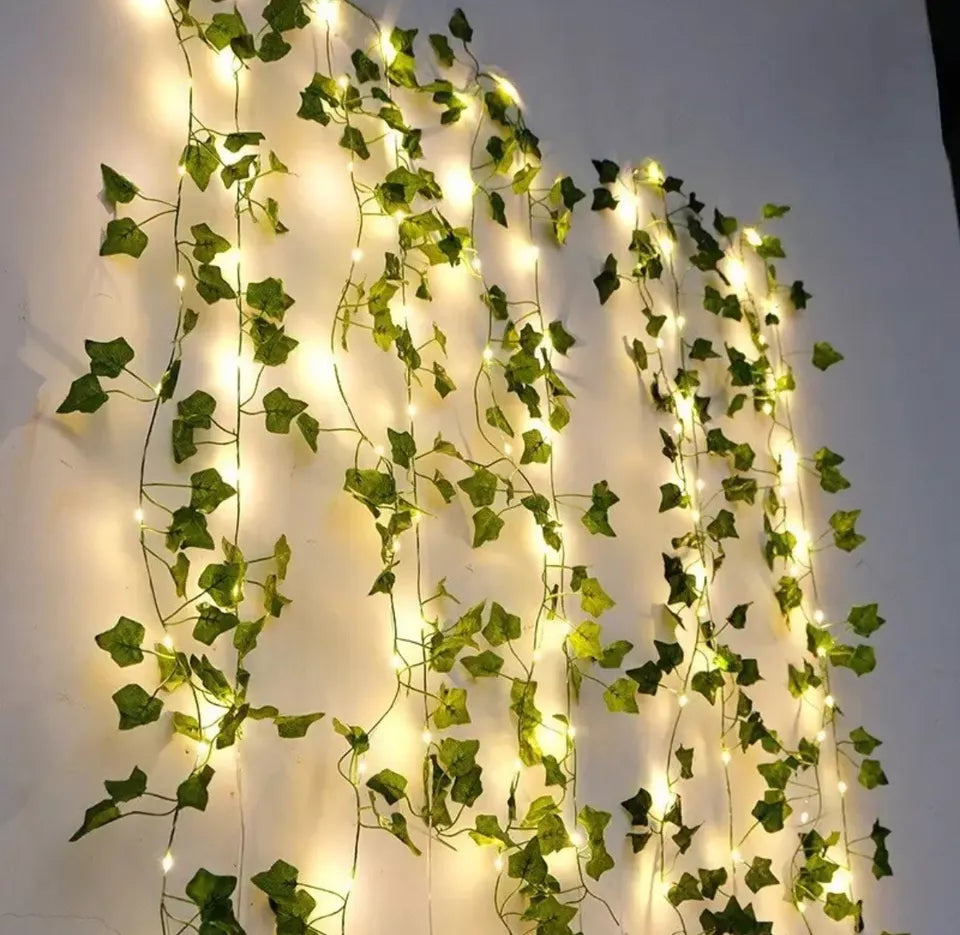 Fake Green Leaf Ivy Vine with LED String Lights, Home Wreath, Room Decoration, Bright Wedding, Artificial Plant, 2m - ShopBox 