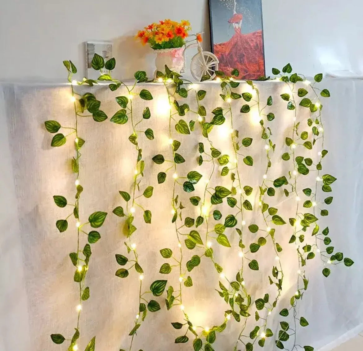 Fake Green Leaf Ivy Vine with LED String Lights, Home Wreath, Room Decoration, Bright Wedding, Artificial Plant, 2m - ShopBox 