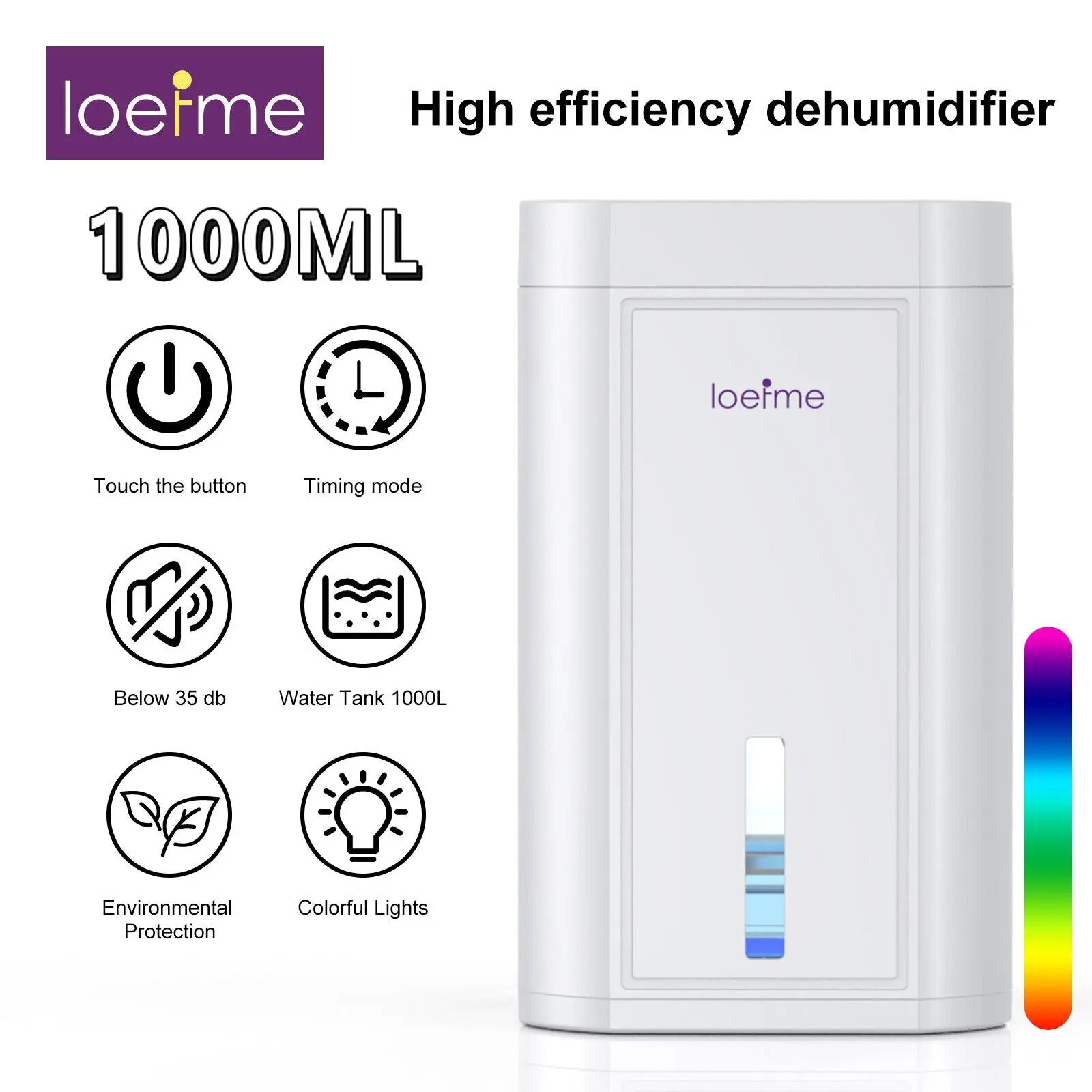 LOEFME 1L Tank Capacity Silent Electric Dehumidifier with Timer